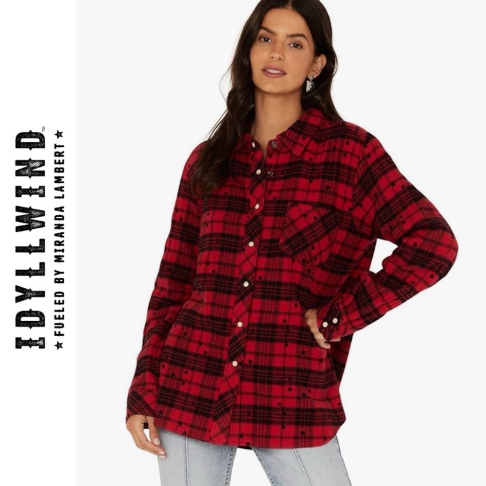 IDYLLWIND TIRA RED PLAID STAR PRINT PEARL SNAP FLANNEL MID-WEIGHT SHIRT